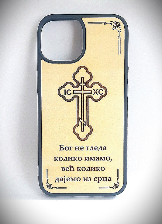 Handgefertigte Holz-Handyhülle mit Kreuz und Gravur
