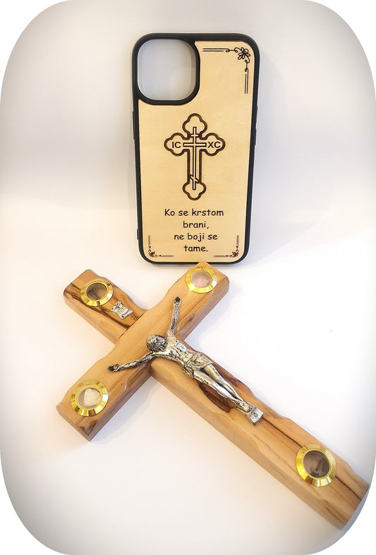 Handyhülle aus Holz mit orthodoxem Kreuz und Gravur