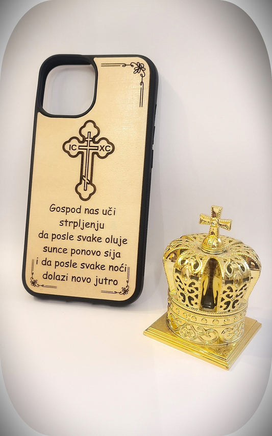 Handyhülle aus Holz mit orthodoxem Kreuz und Gravur