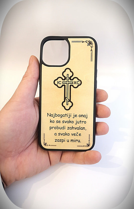 Handyhülle aus Holz mit Kreuz & Gravur – „Dankbarkeit & Frieden“